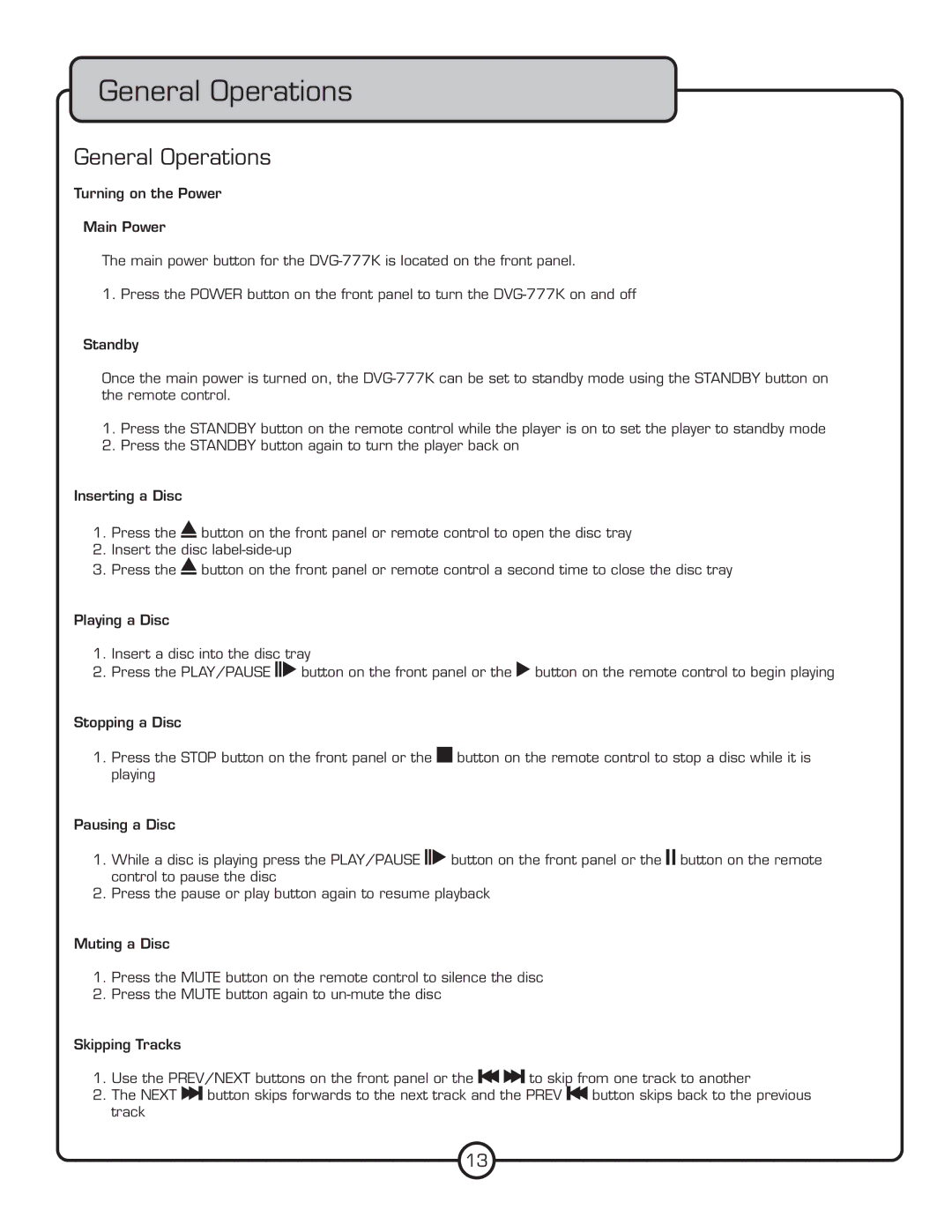 VocoPro DVG-777K owner manual General Operations 