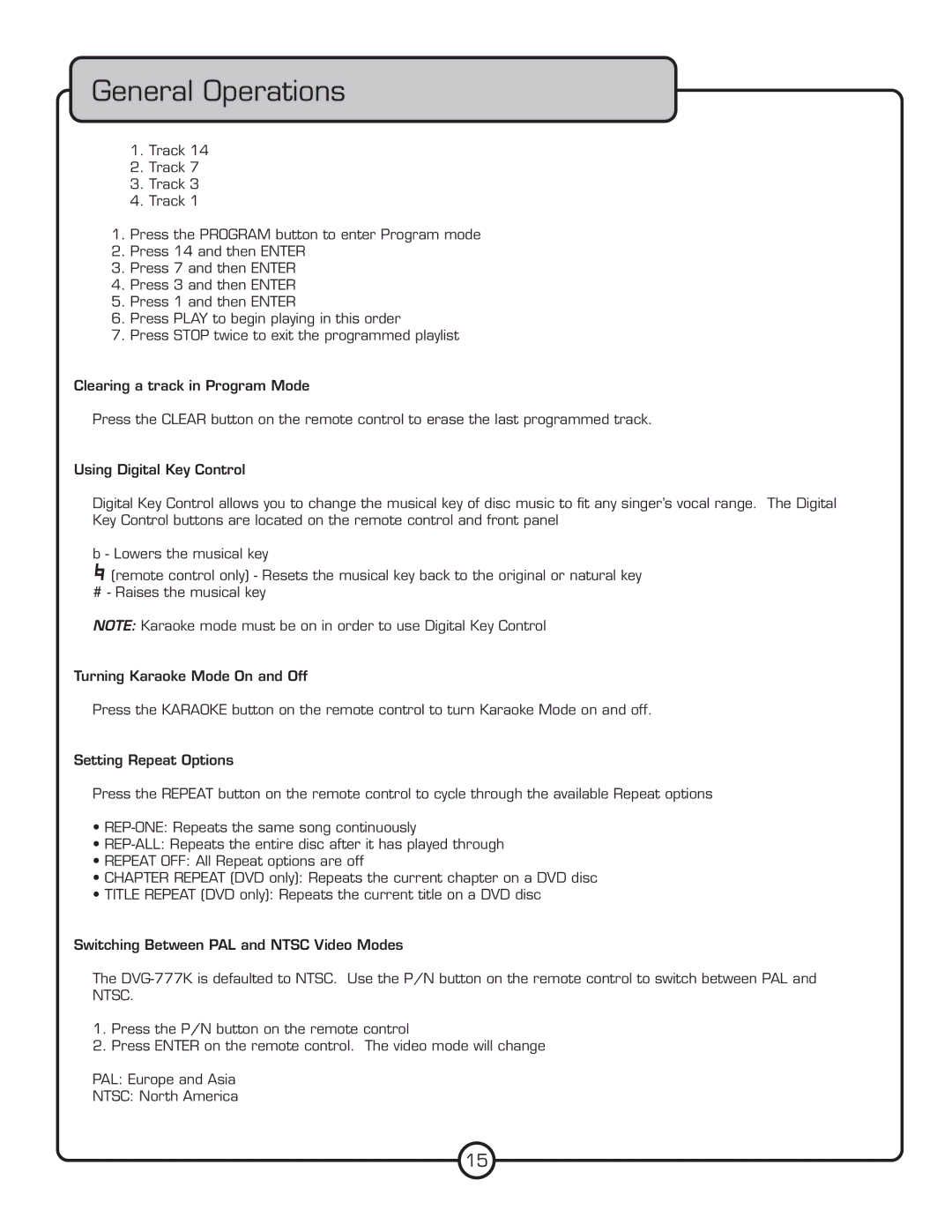 VocoPro DVG-777K owner manual General Operations 