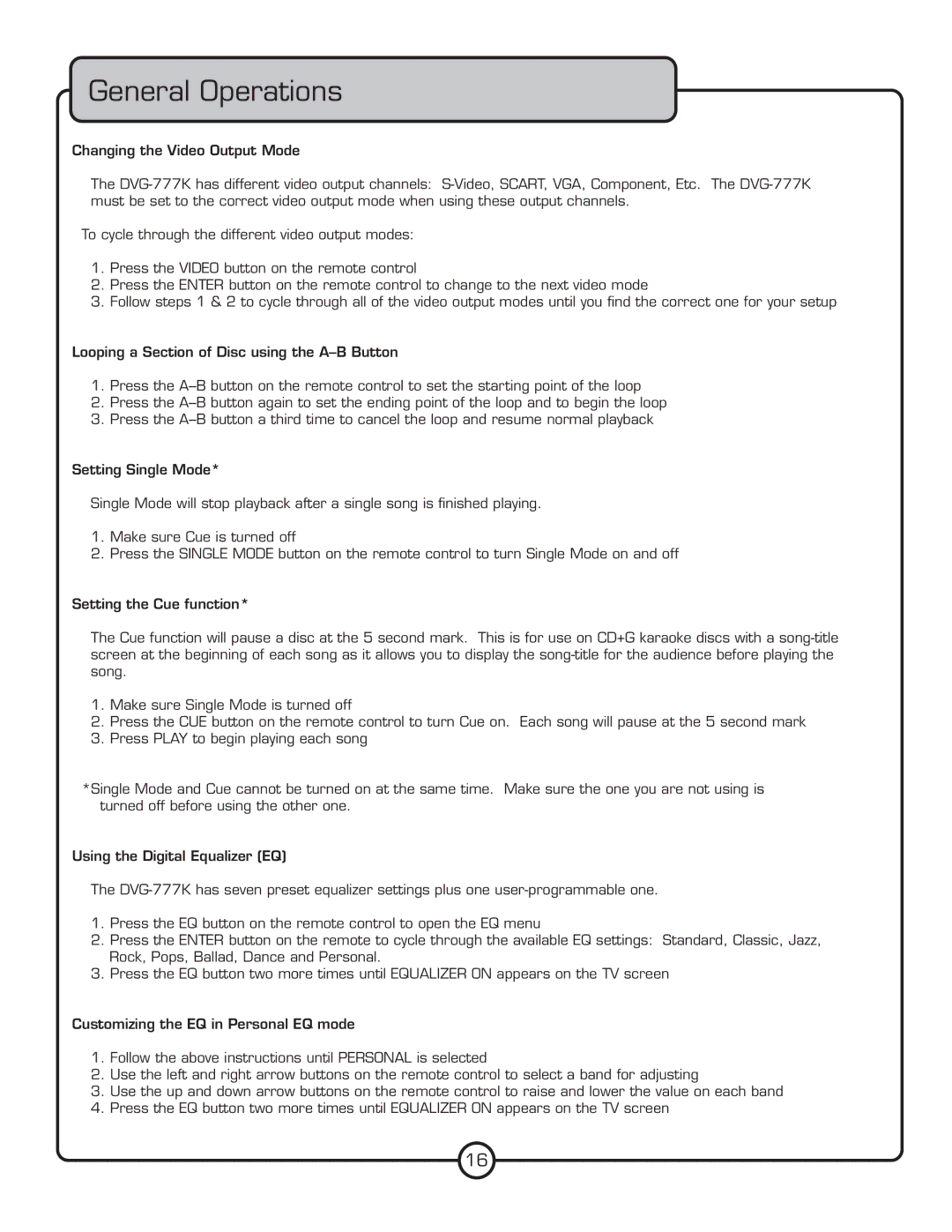 VocoPro DVG-777K owner manual General Operations 