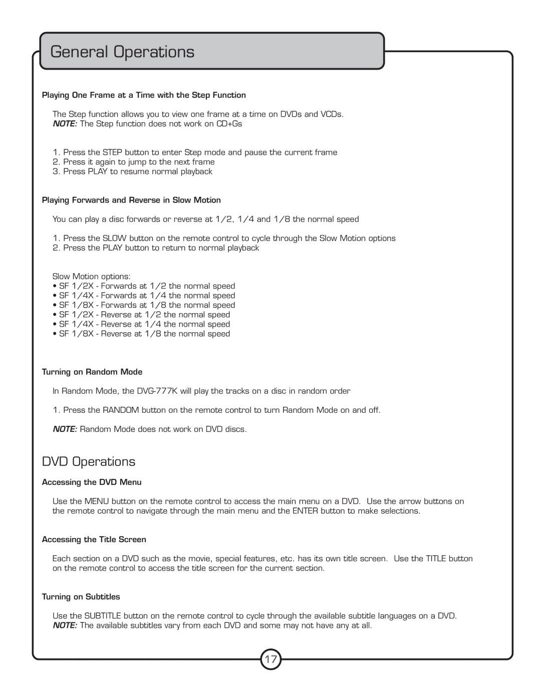 VocoPro DVG-777K owner manual DVD Operations 