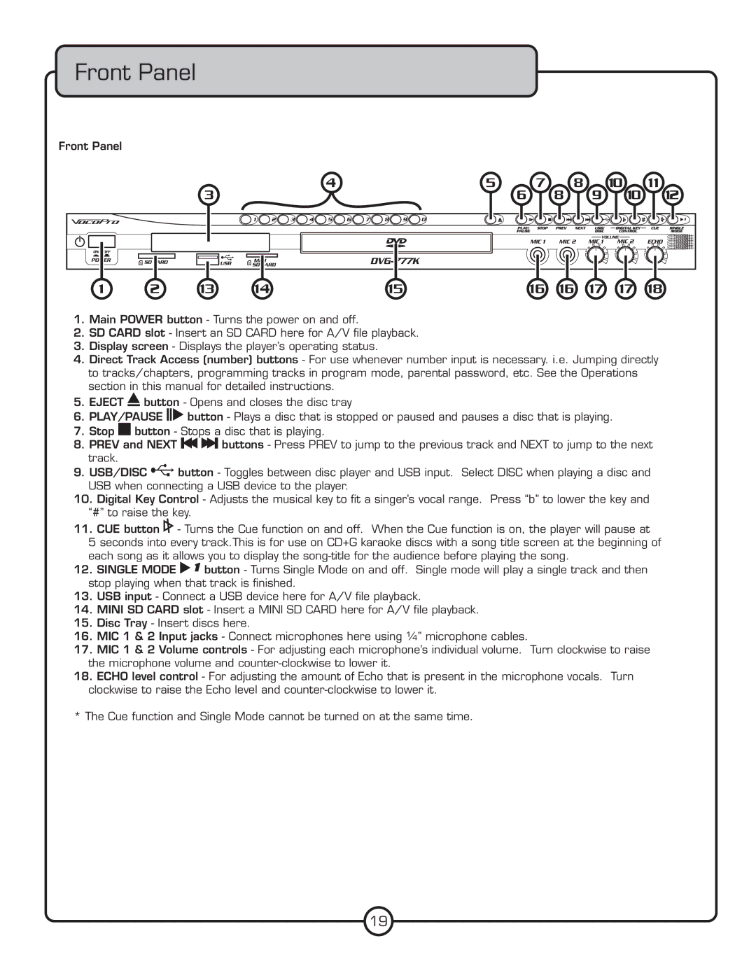 VocoPro DVG-777K owner manual Front Panel 