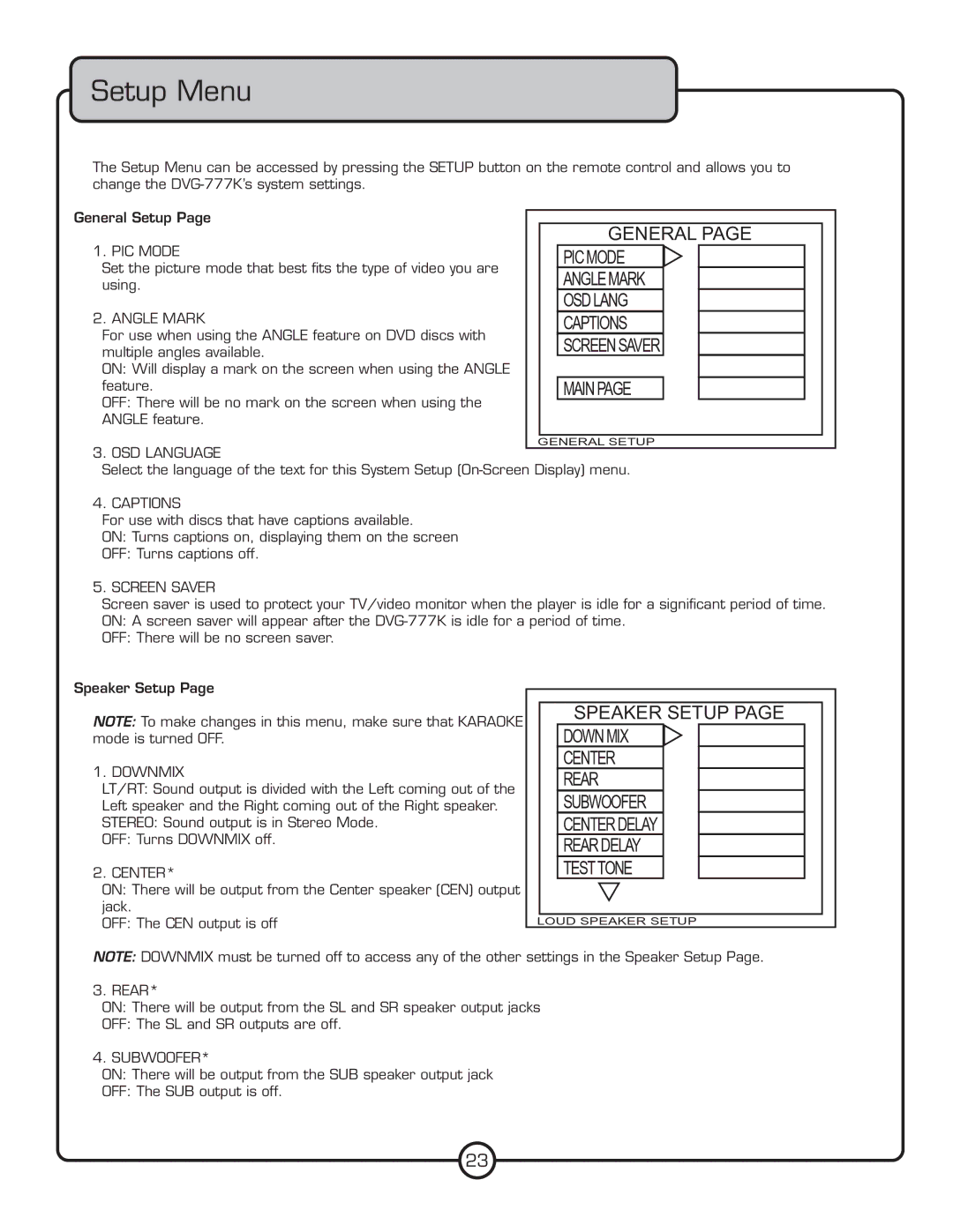 VocoPro DVG-777K owner manual Setup Menu 