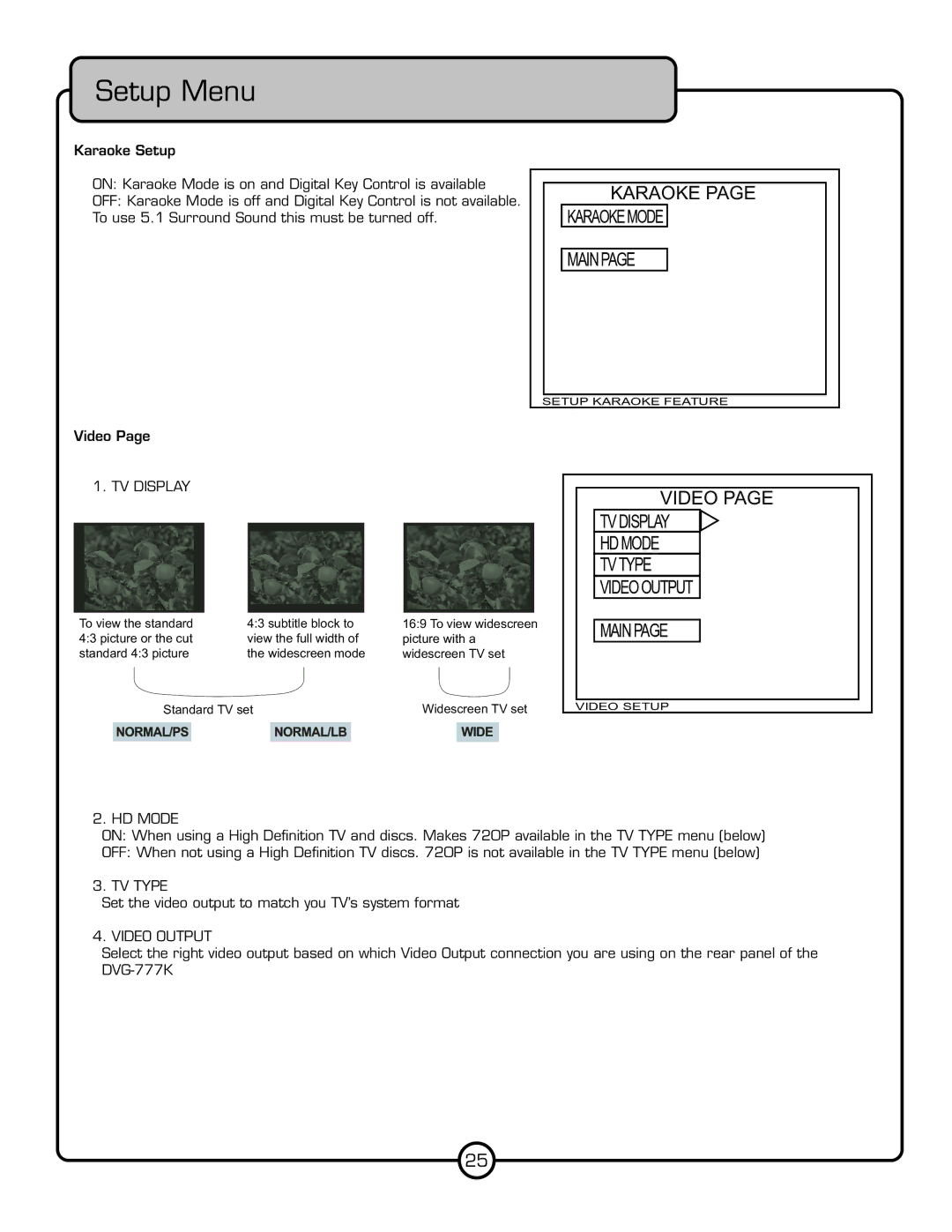 VocoPro DVG-777K owner manual TV Display, Tvtype Videooutput, HD Mode, TV Type, Video Output 