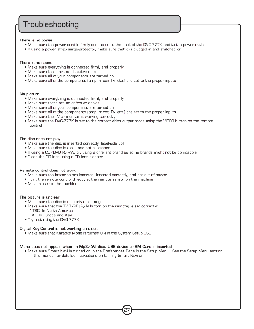 VocoPro DVG-777K owner manual Troubleshooting 