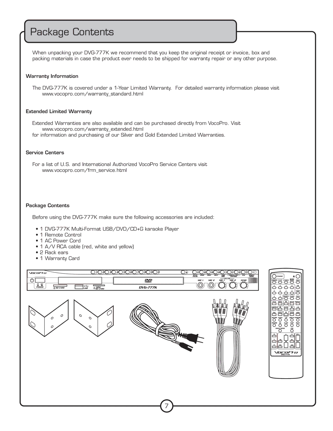 VocoPro DVG-777K owner manual Package Contents 