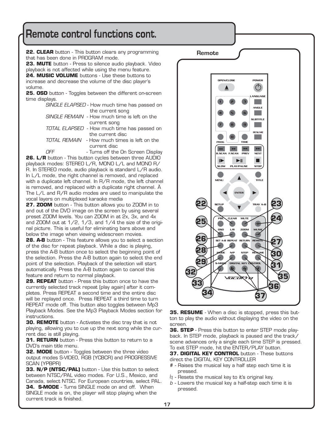 VocoPro DVG-909K owner manual Remote control functions 