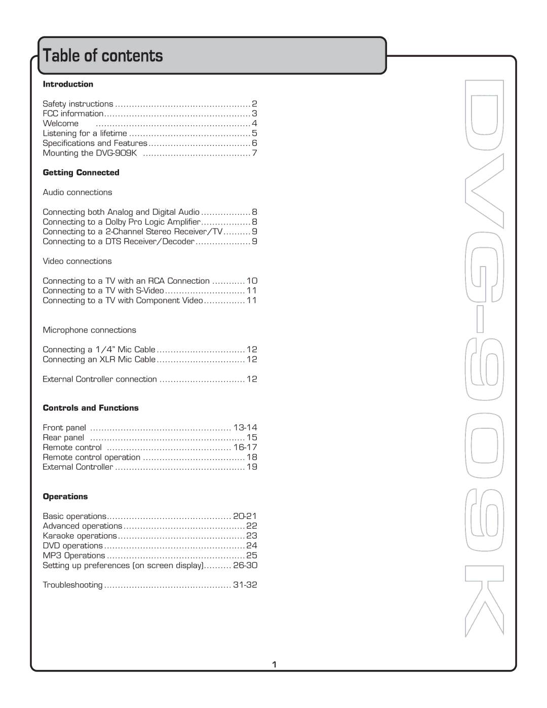 VocoPro DVG-909K owner manual Table of contents 