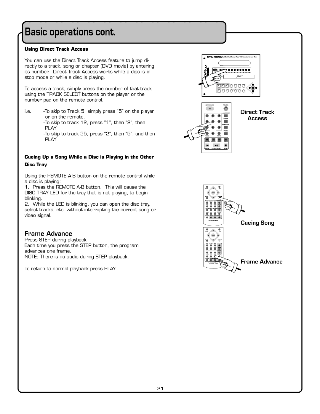 VocoPro DVG-909K owner manual Cueing Song Frame Advance, Using Direct Track Access 