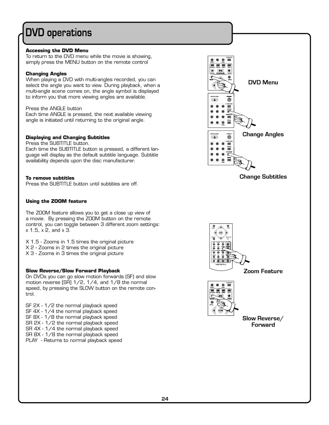 VocoPro DVG-909K owner manual DVD operations, DVD Menu Change Angles Change Subtitles Zoom Feature, Slow Reverse Forward 