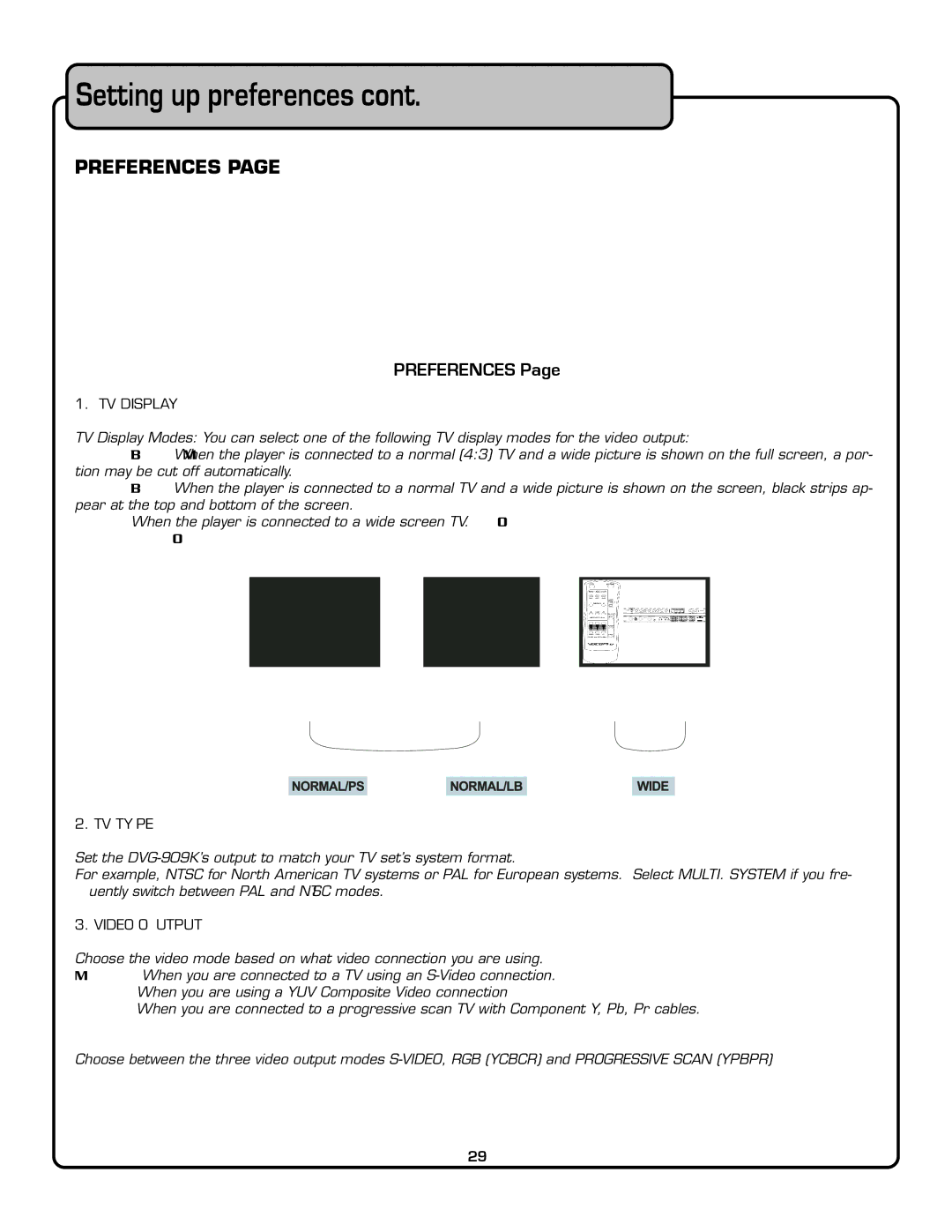 VocoPro DVG-909K owner manual Preferences, TV Display, TV Type, Video Output 