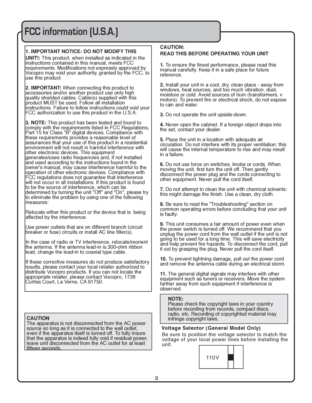 VocoPro DVG-909K owner manual FCC information U.S.A 