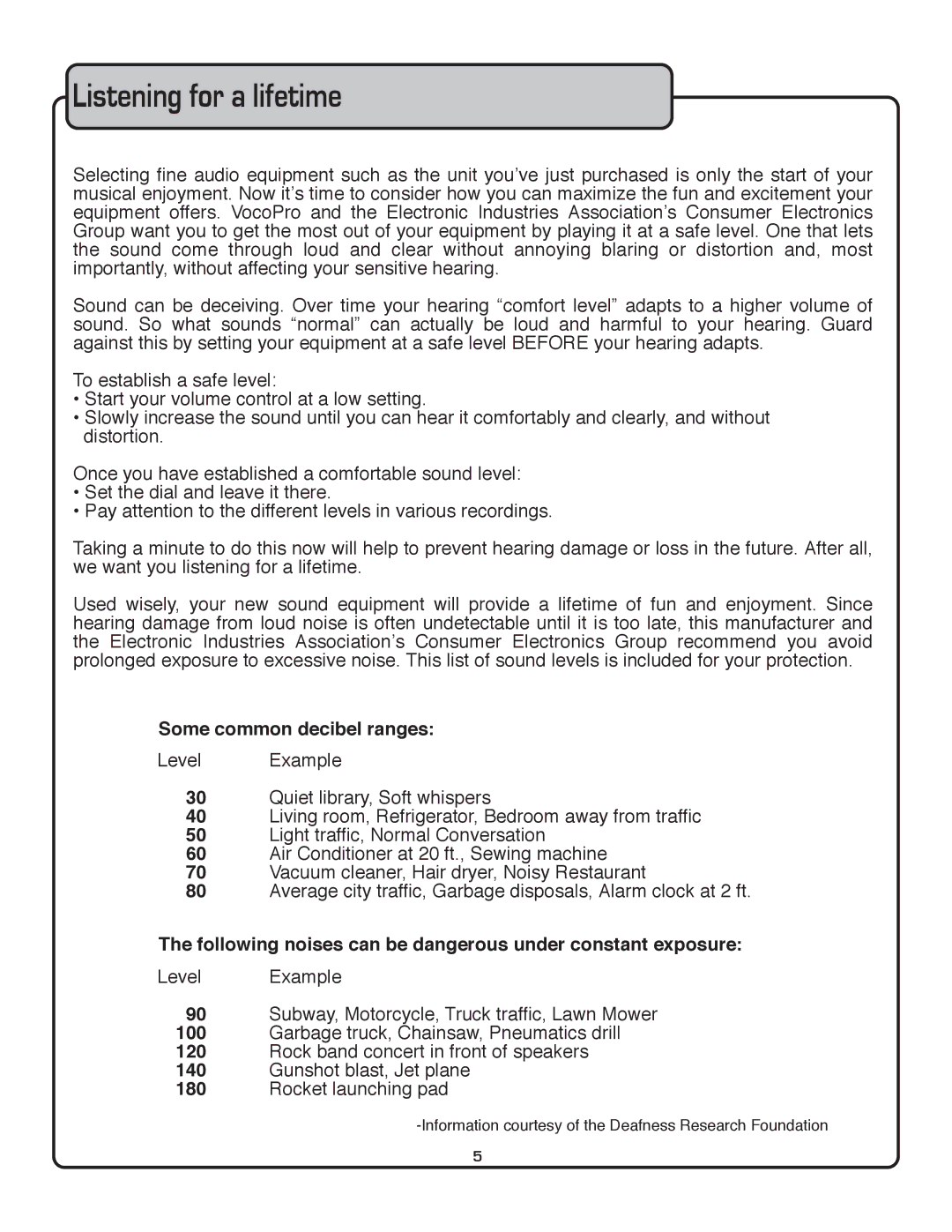 VocoPro DVG-909K owner manual Listening for a lifetime, Some common decibel ranges 