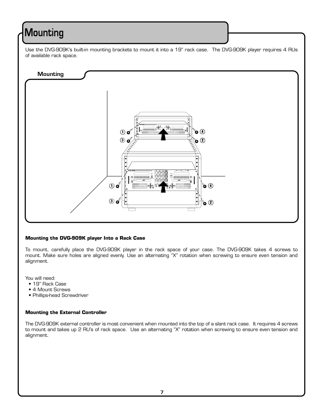 VocoPro owner manual Mounting the DVG-909K player Into a Rack Case, Mounting the External Controller 