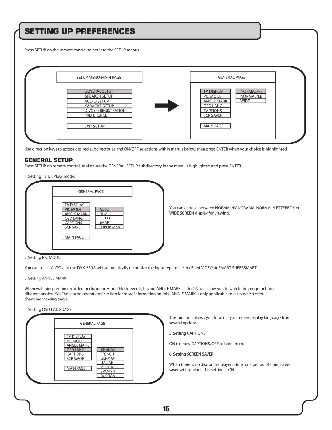 VocoPro DVX-580G owner manual Setting UP Preferences, General Setup 