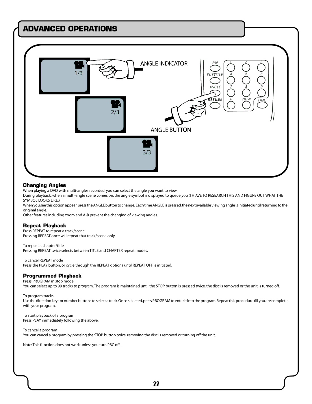 VocoPro DVX-580G owner manual Changing Angles, Repeat Playback, Programmed Playback 