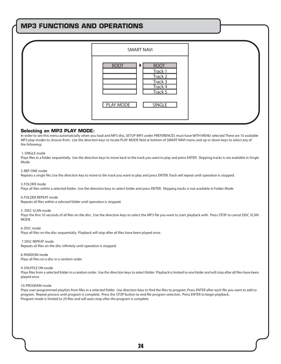 VocoPro DVX-580G owner manual Play Mode Single, Selecting an MP3 Play Mode 