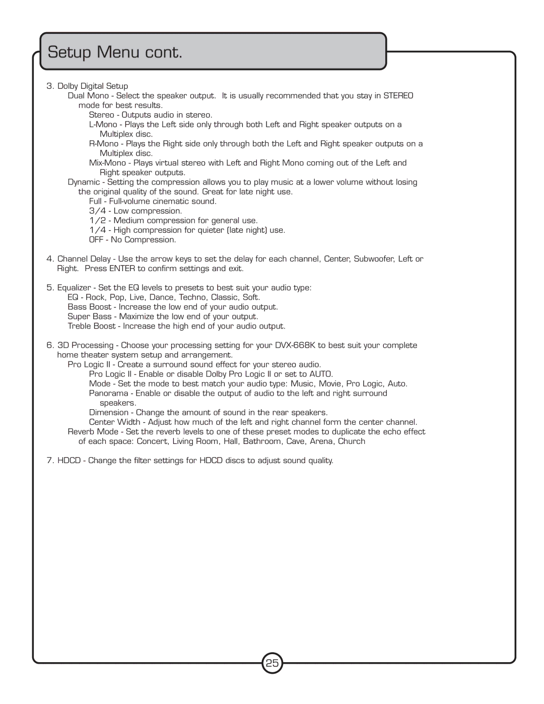 VocoPro DVX-668K owner manual Setup Menu 