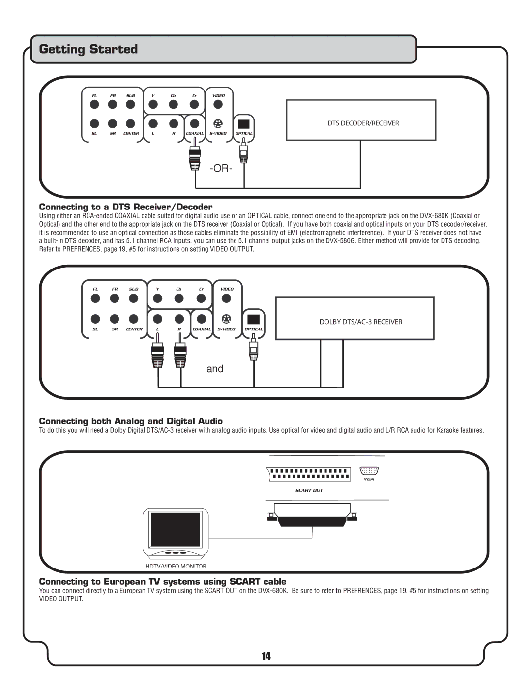 VocoPro DVX-680K owner manual Connecting to a DTS Receiver/Decoder, Connecting both Analog and Digital Audio, Video Output 