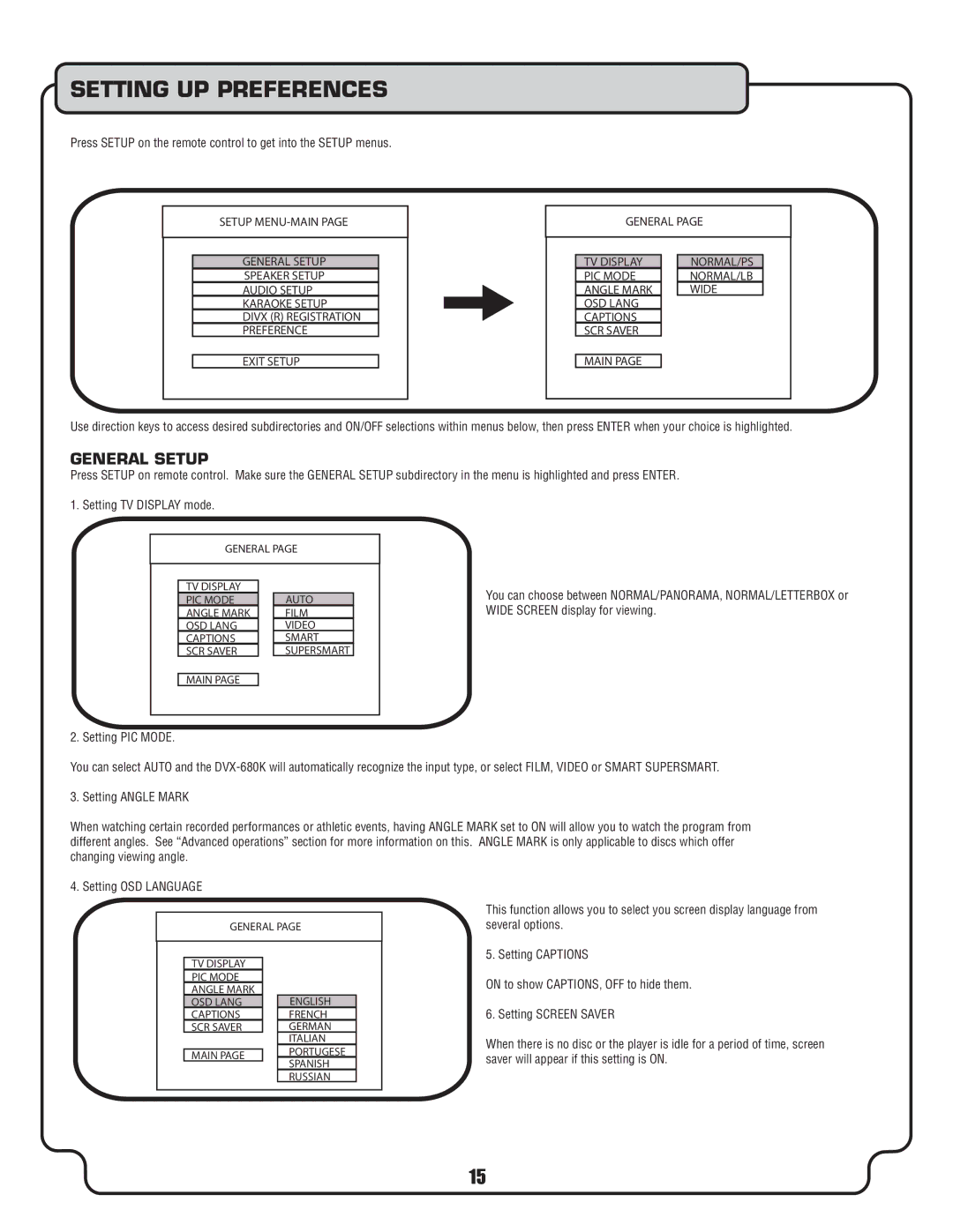 VocoPro DVX-680K owner manual Setting UP Preferences, General Setup 