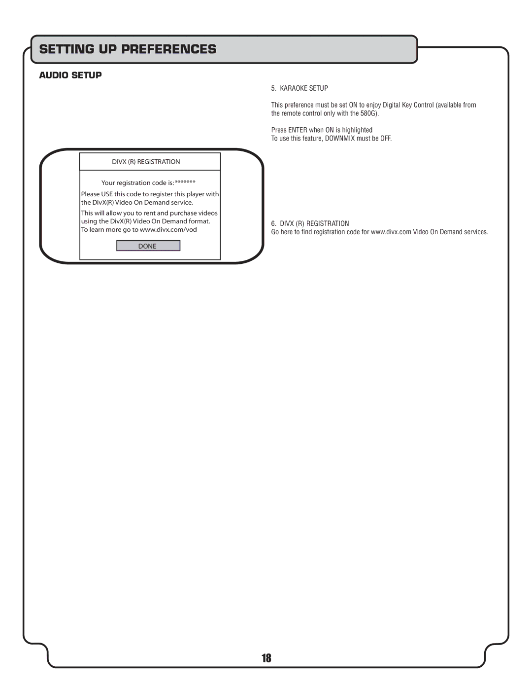 VocoPro DVX-680K owner manual Karaoke Setup, Divx R Registration 