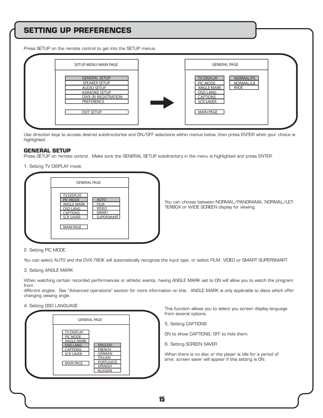 VocoPro DVX-780K owner manual Setting UP Preferences, General Setup, Wide, OSD Lang Captions SCR Saver Main 