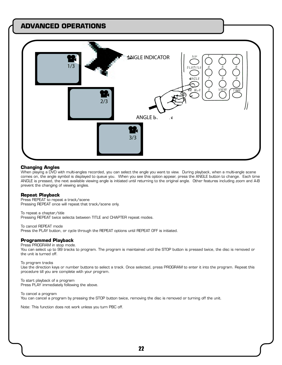 VocoPro DVX-780K owner manual Changing Angles, Repeat Playback, Programmed Playback 