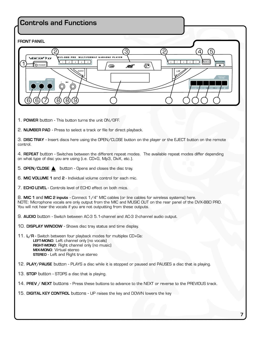 VocoPro DVX-880 Pro owner manual Controls and Functions, Front Panel 