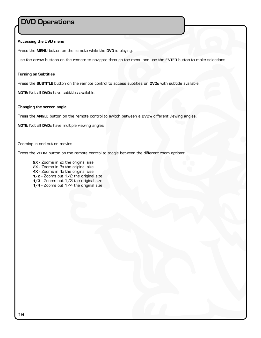 VocoPro DVX-880 Pro owner manual DVD Operations, Accessing the DVD menu, Turning on Subtitles, Changing the screen angle 