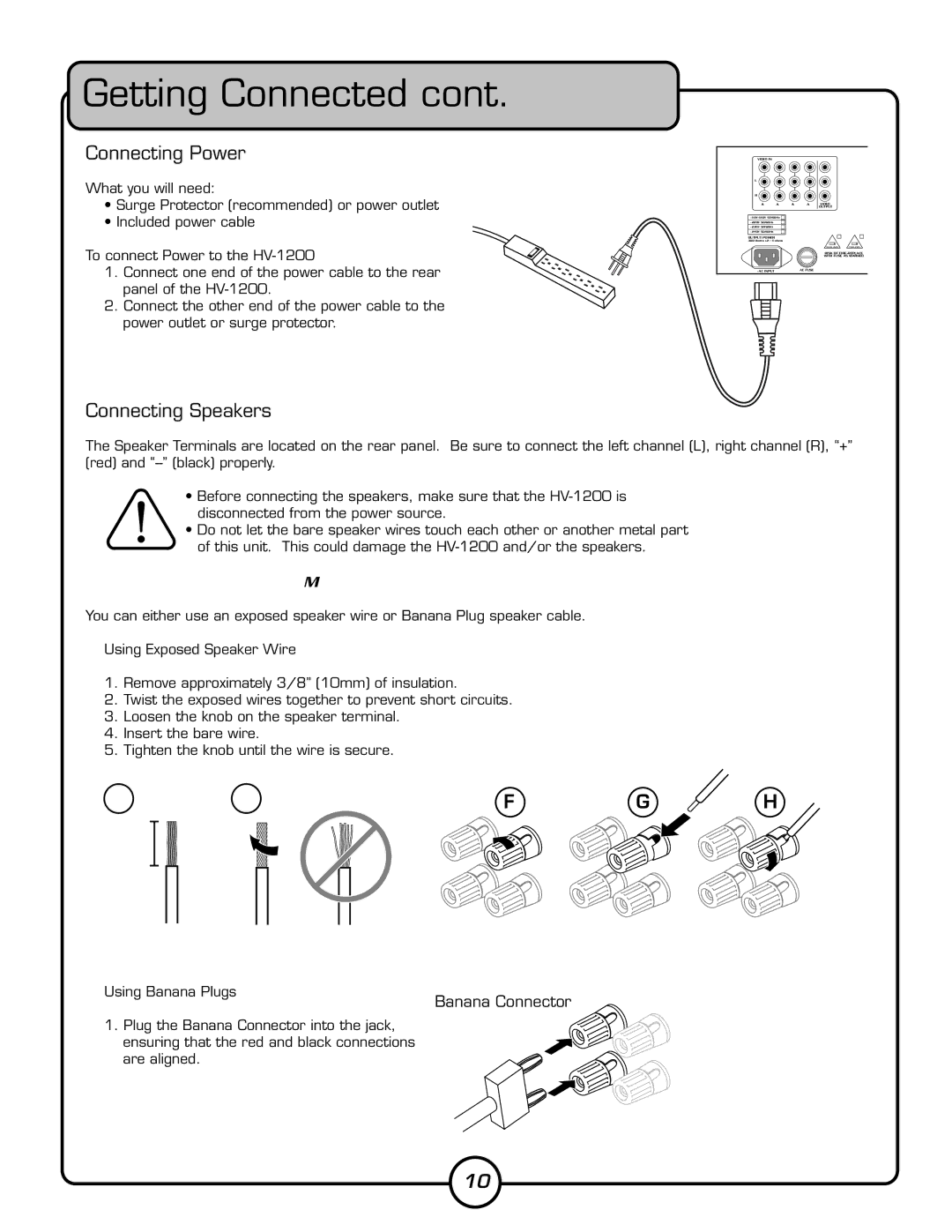 VocoPro HV-1200 owner manual Connecting Power, Connecting Speakers, Preparing the Speaker Cable 