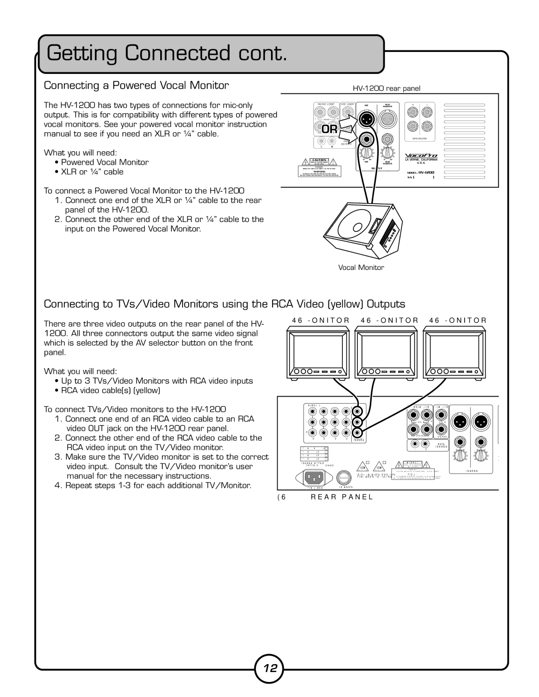 VocoPro HV-1200 owner manual Connecting a Powered Vocal Monitor 