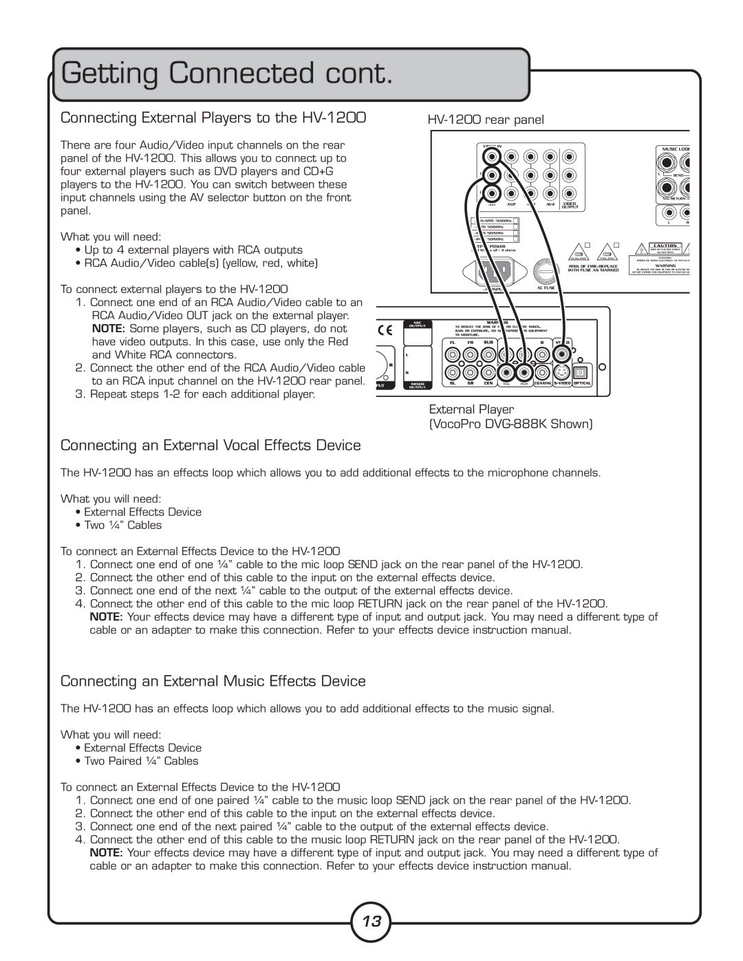 VocoPro owner manual Connecting External Players to the HV-1200, Connecting an External Vocal Effects Device 