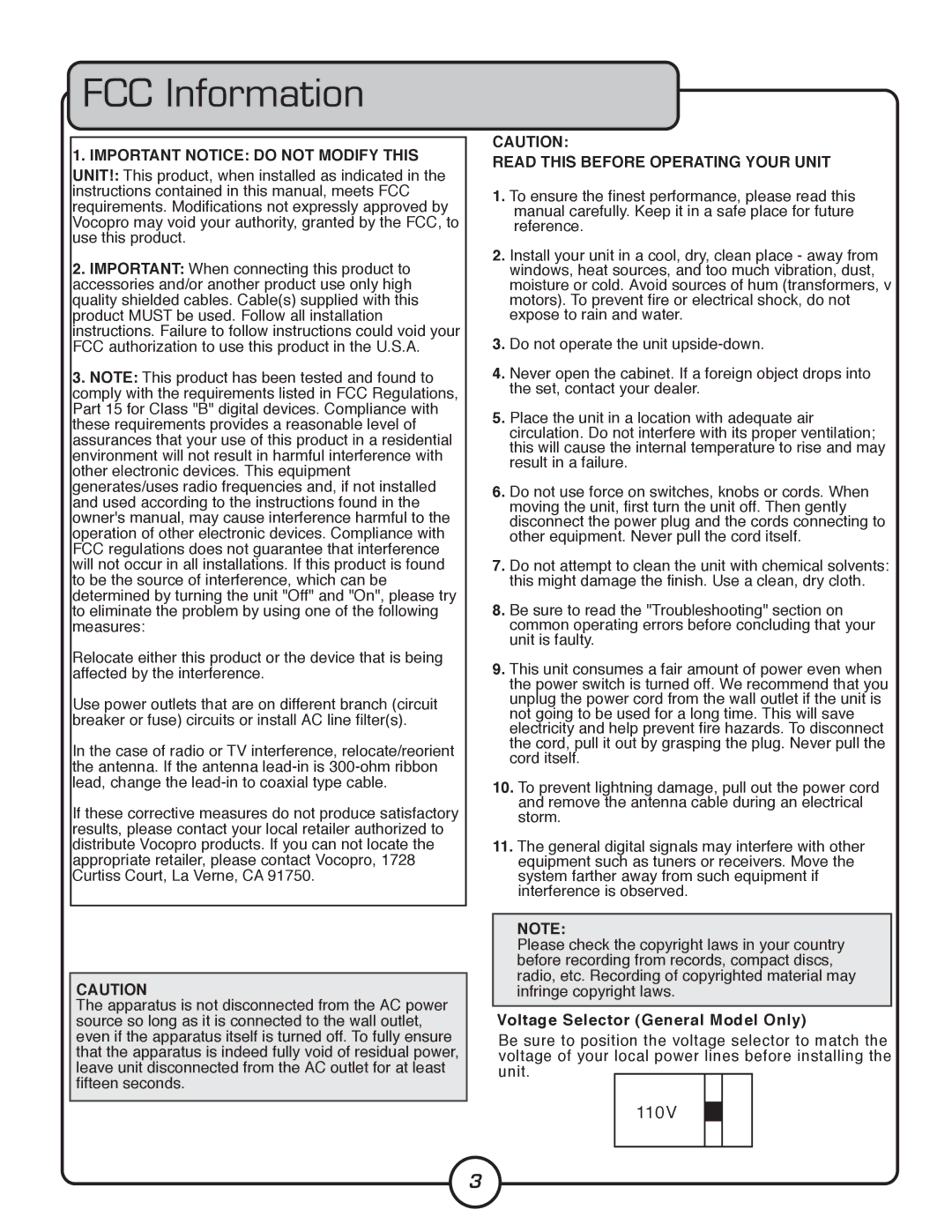 VocoPro HV-1200 owner manual FCC Information, Important Notice do not Modify this 