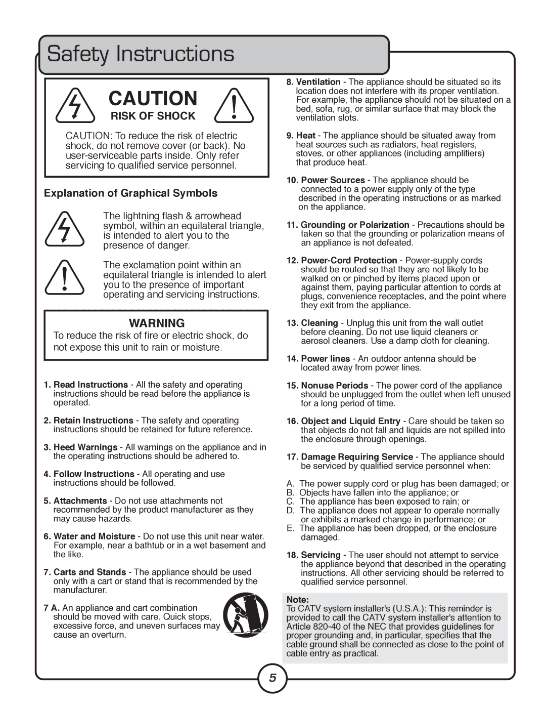 VocoPro HV-1200 owner manual Safety Instructions, Risk of Shock 