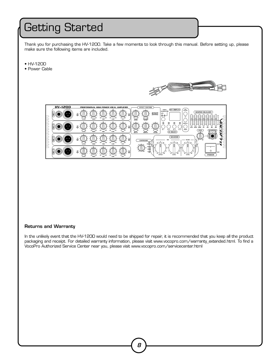 VocoPro HV-1200 owner manual Getting Started, Returns and Warranty 