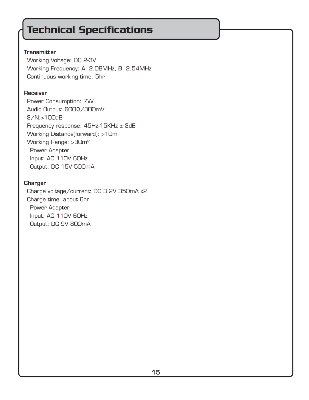 VocoPro IR-9000 owner manual Technical Speciﬁcations 