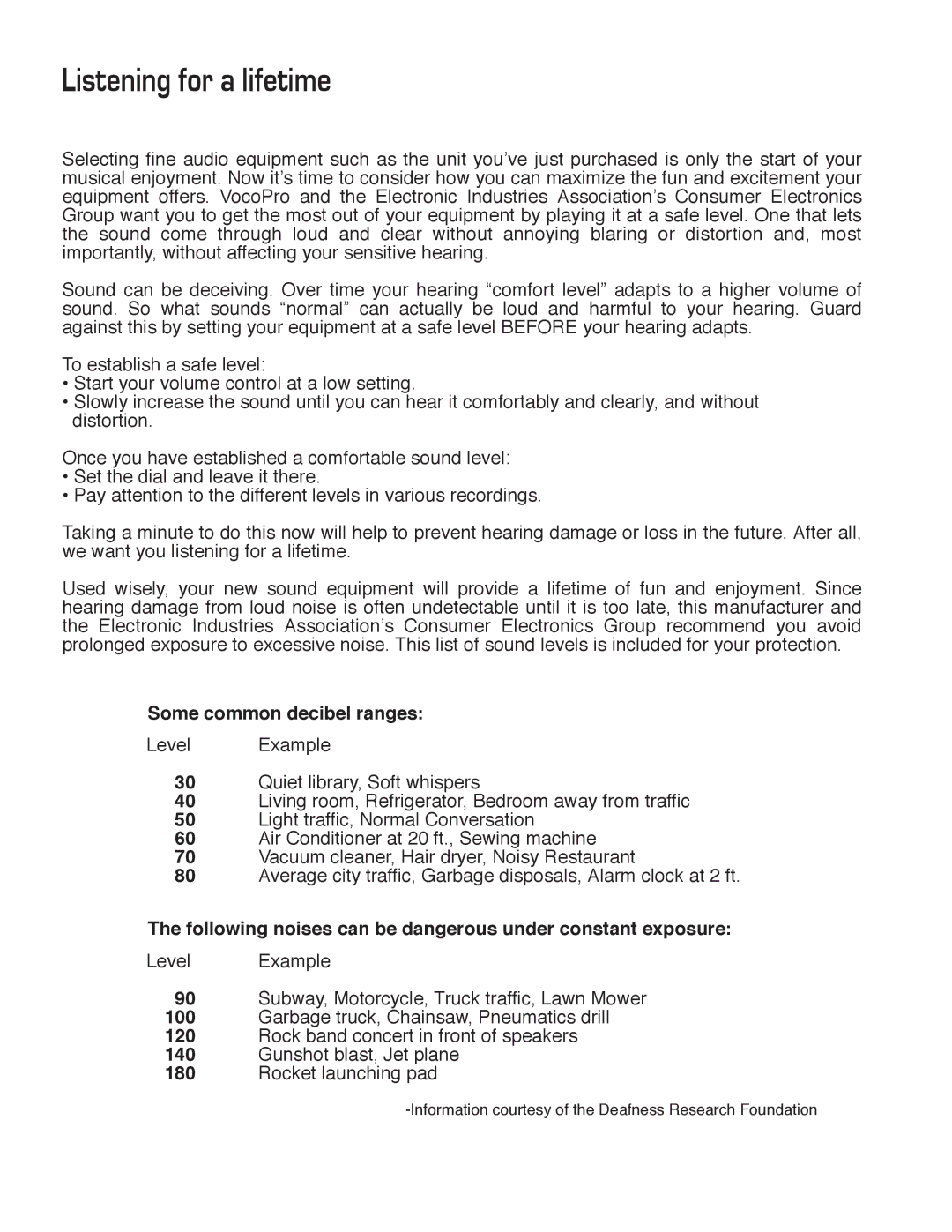 VocoPro IR-9000 owner manual Listening for a lifetime, Some common decibel ranges 