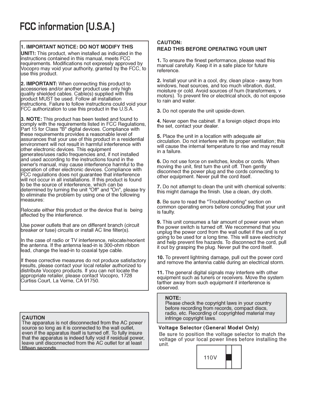 VocoPro IR-9000 owner manual FCC information U.S.A, Important Notice do not Modify this 