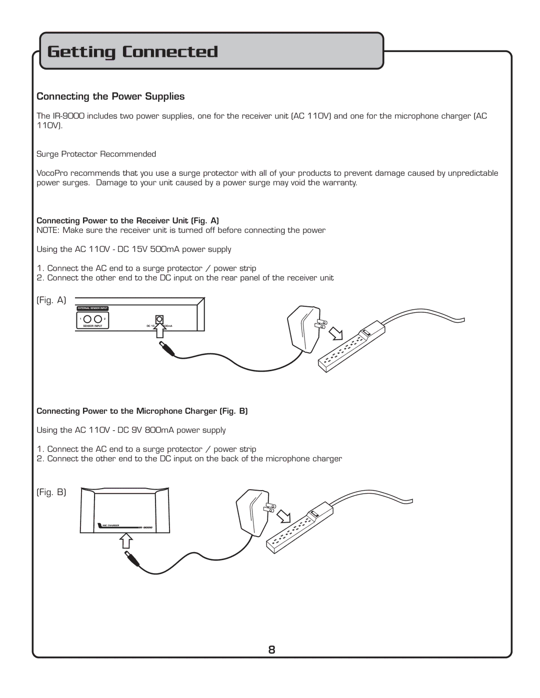 VocoPro IR-9000 owner manual Getting Connected, Connecting the Power Supplies 