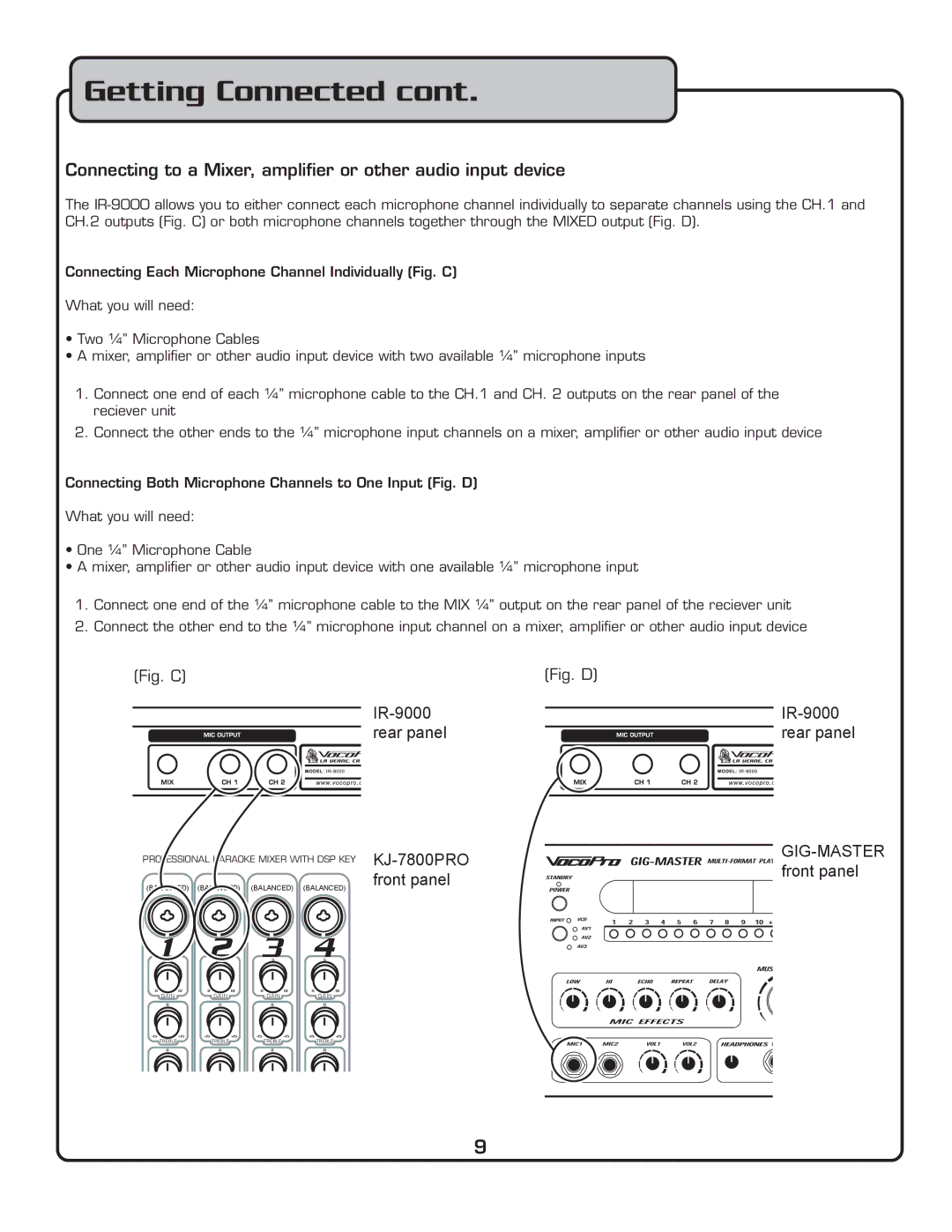 VocoPro IR-9000 owner manual Connecting to a Mixer, ampliﬁ er or other audio input device 