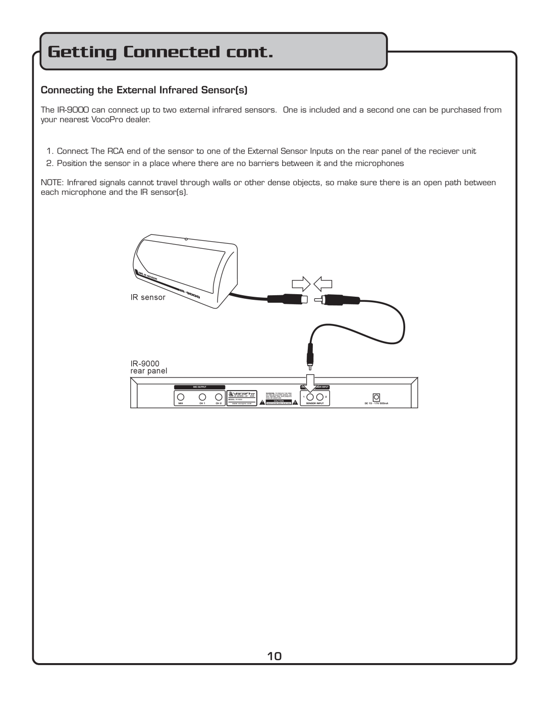 VocoPro IR-9000 owner manual Getting Connected cont, Connecting the External Infrared Sensors 