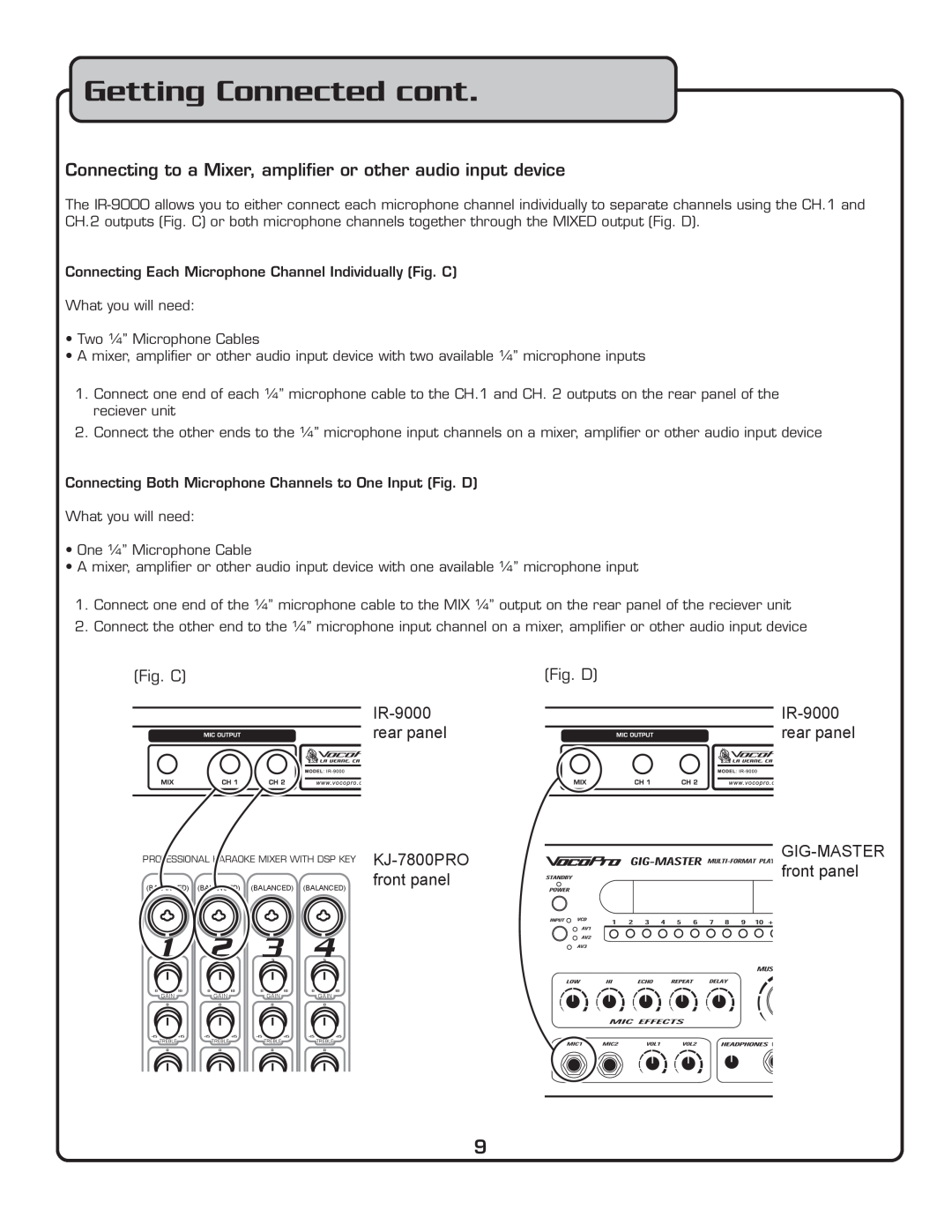 VocoPro IR-9000 owner manual Getting Connected cont, rear panel, KJ-7800PRO, Gig-Master, front panel, Fig. C, Fig. D 