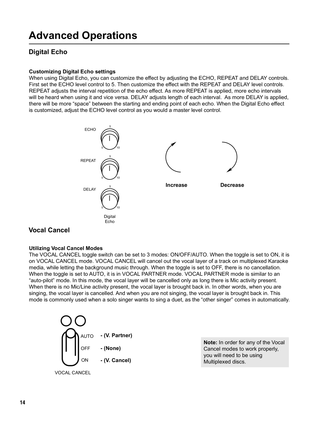 VocoPro KJ-7000 Pro owner manual Digital Echo, Vocal Cancel 