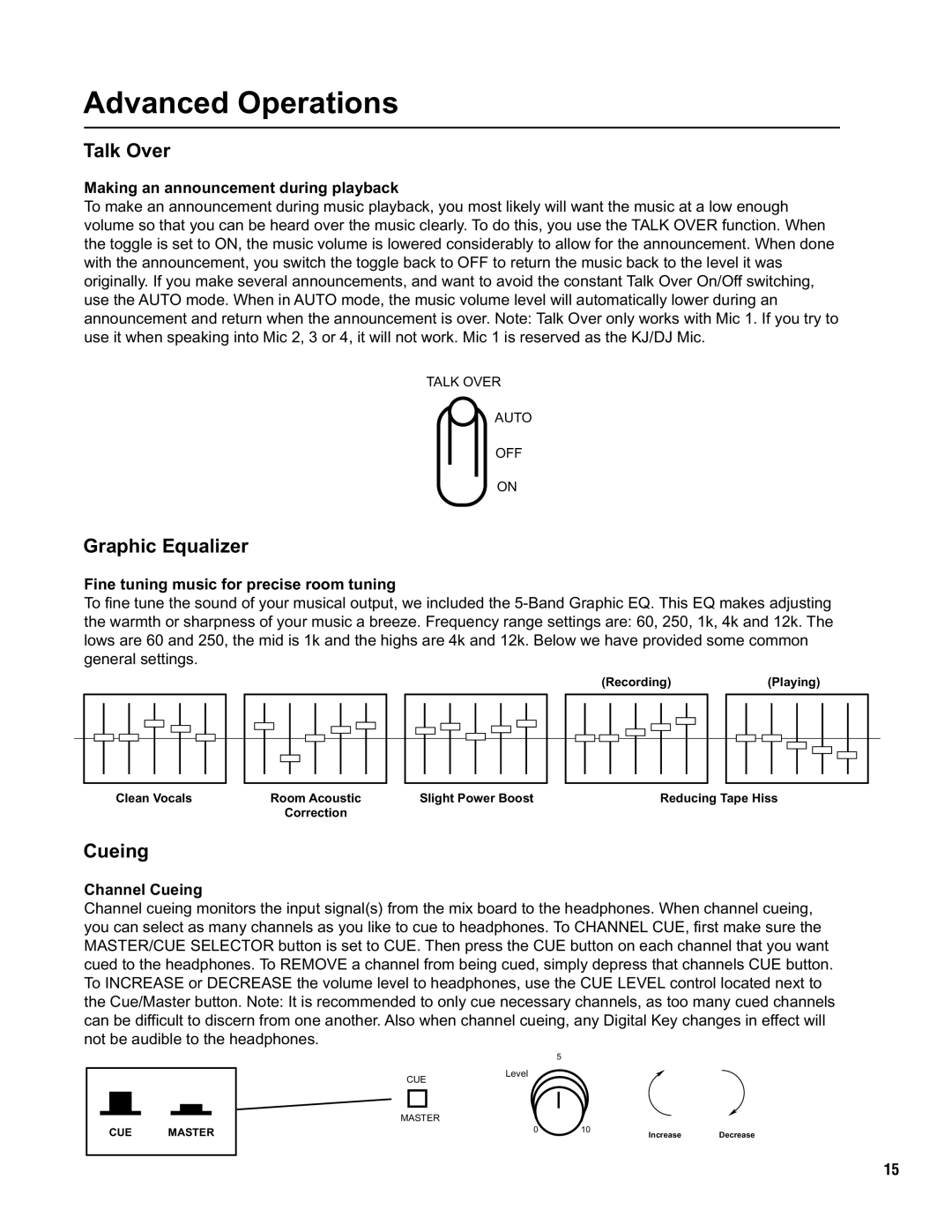 VocoPro KJ-7000 Pro owner manual Talk Over, Graphic Equalizer, Cueing 