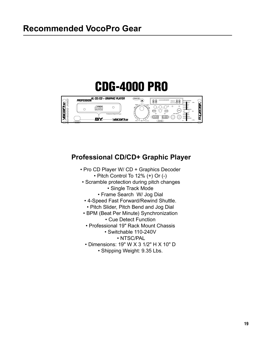 VocoPro KJ-7000 Pro owner manual Recommended VocoPro Gear, Professional CD/CD+ Graphic Player 