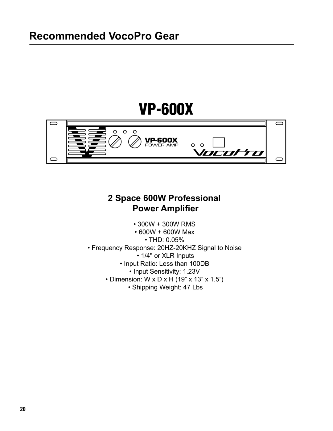 VocoPro KJ-7000 Pro owner manual VP-600X, Space 600W Professional Power Amplifier 