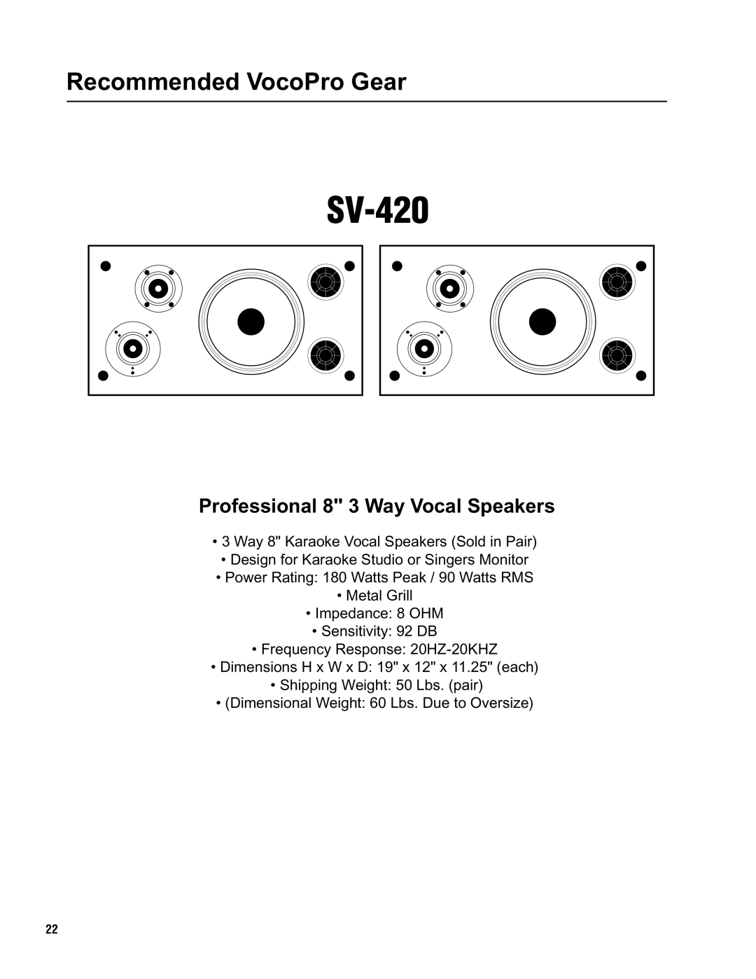 VocoPro KJ-7000 Pro owner manual SV-420, Professional 8 3 Way Vocal Speakers 