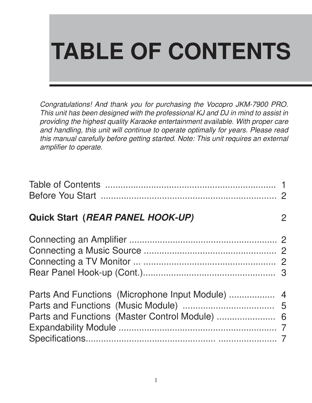 VocoPro KJM-7900 PRO owner manual Table of Contents 