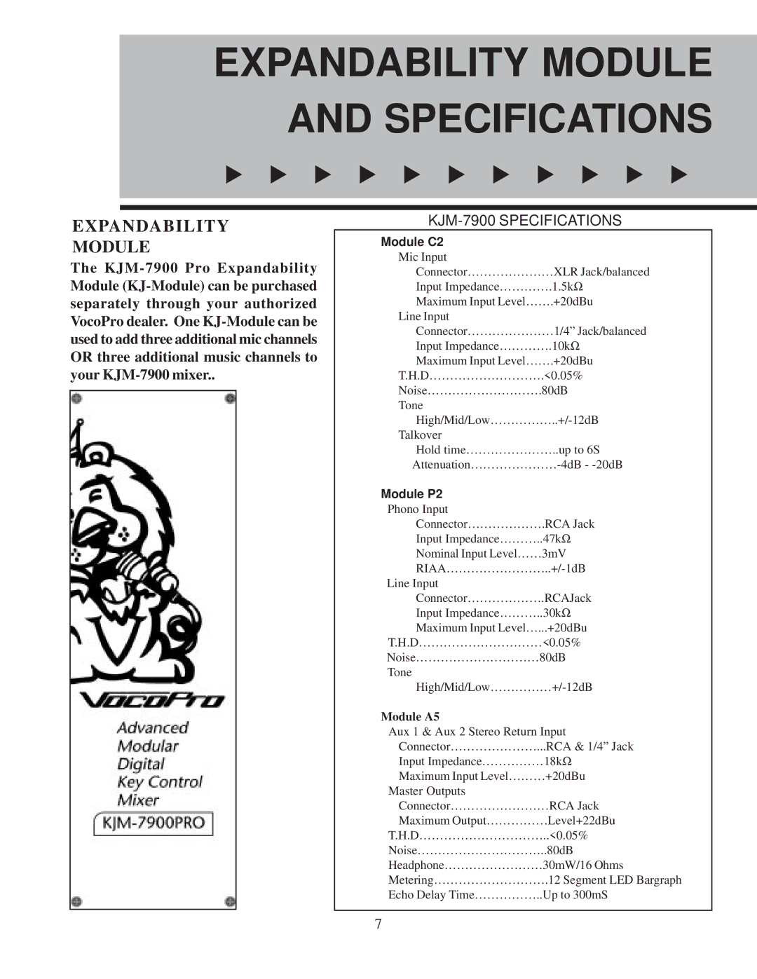 VocoPro KJM-7900 PRO owner manual Expandability Module and Specifications 