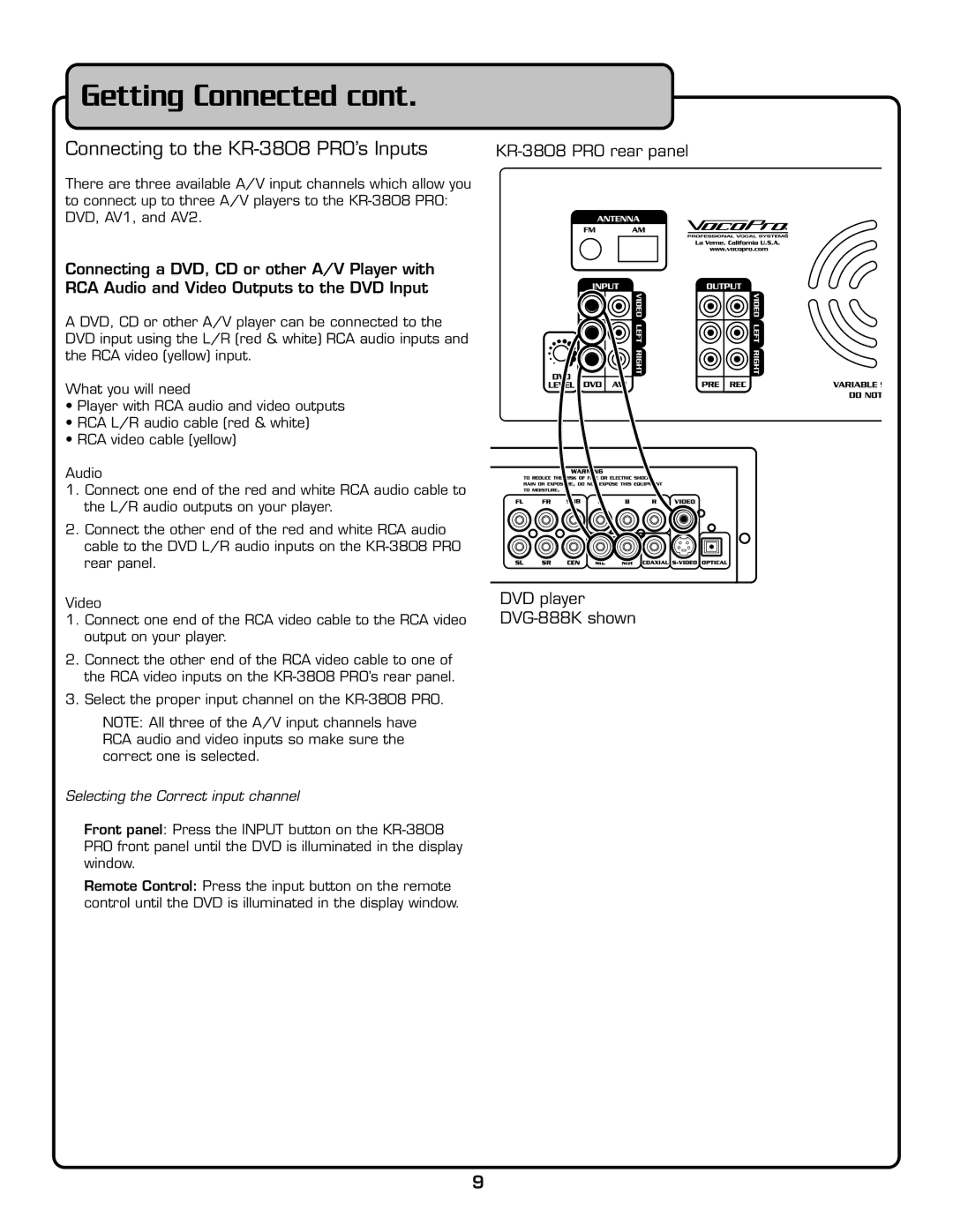 VocoPro owner manual Connecting to the KR-3808 PRO’s Inputs, Selecting the Correct input channel 