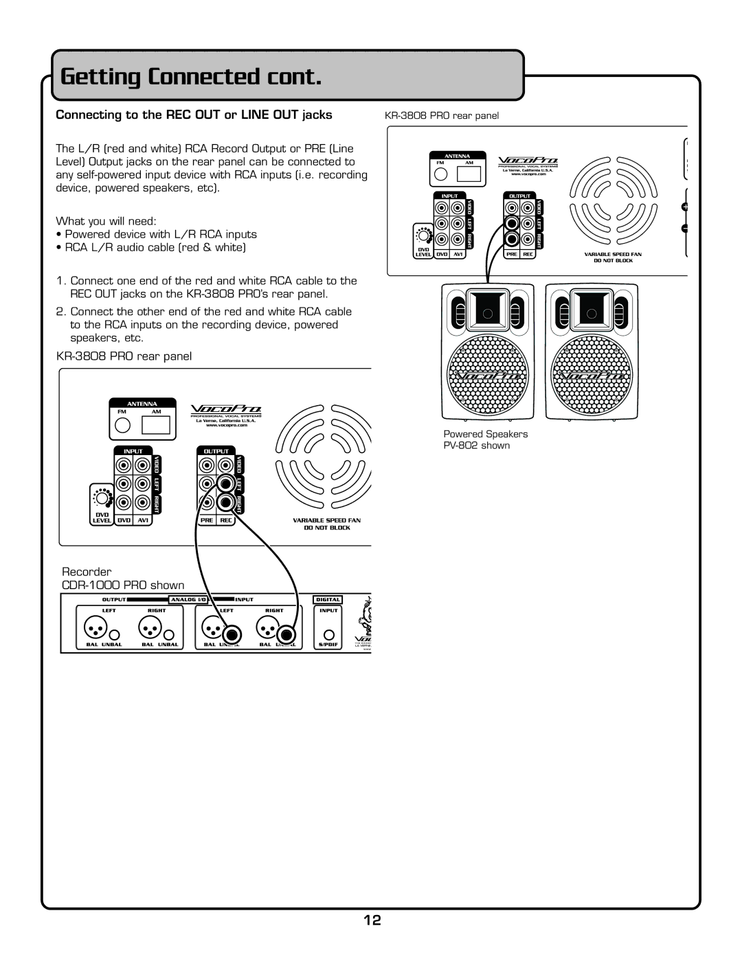 VocoPro KR-3808 PRO owner manual Connecting to the REC OUT or Line OUT jacks 